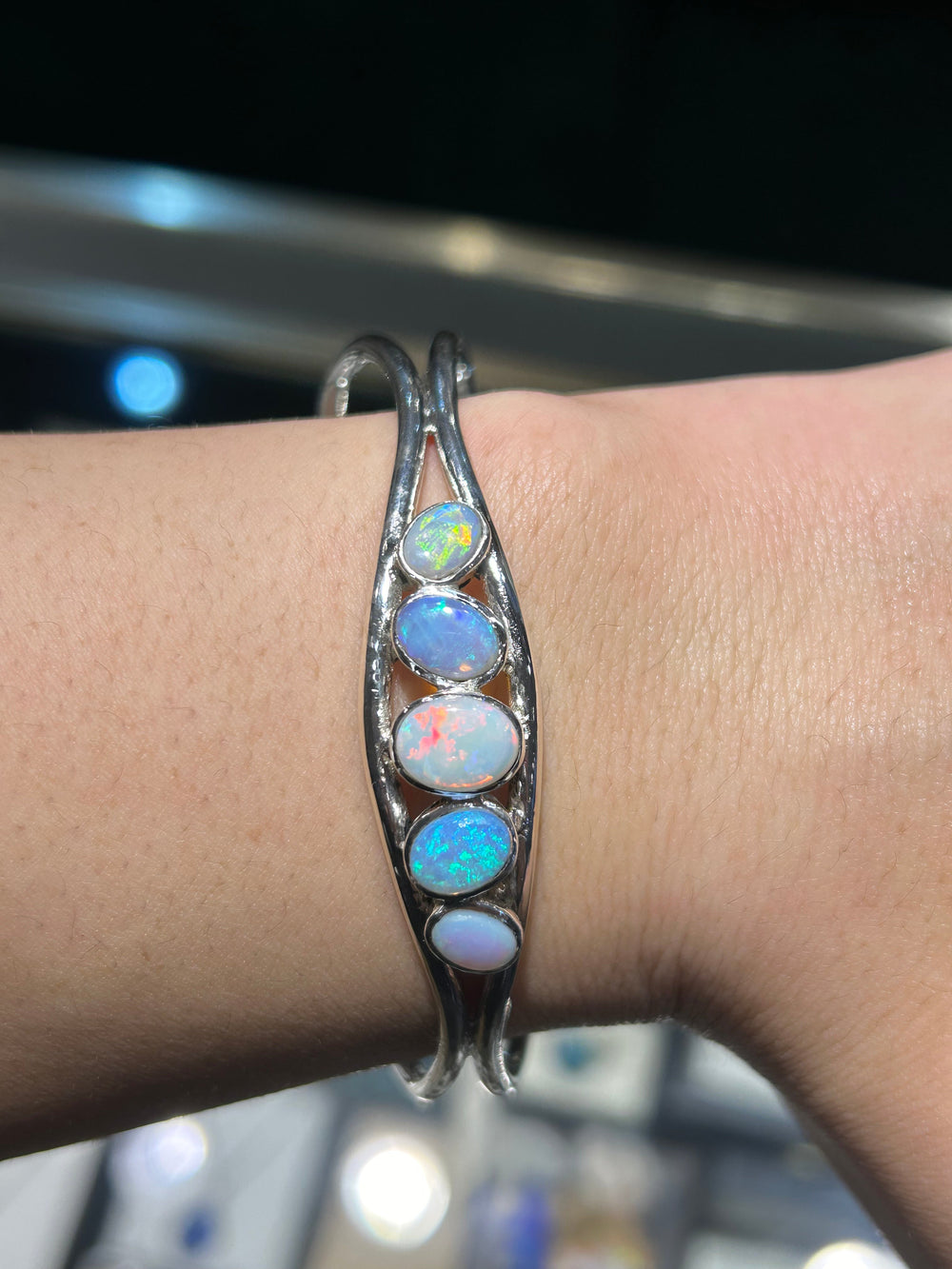 Australian Solid Opal Bangle in Sterling Silver Setting Bangle Australian Opal House 