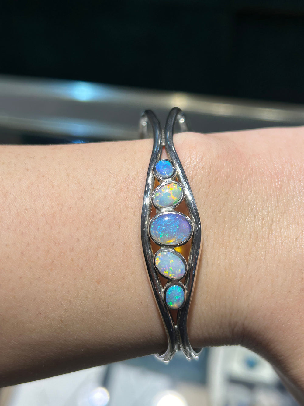 Australian Solid Opal Bangle in Sterling Silver Setting Bangle Australian Opal House 