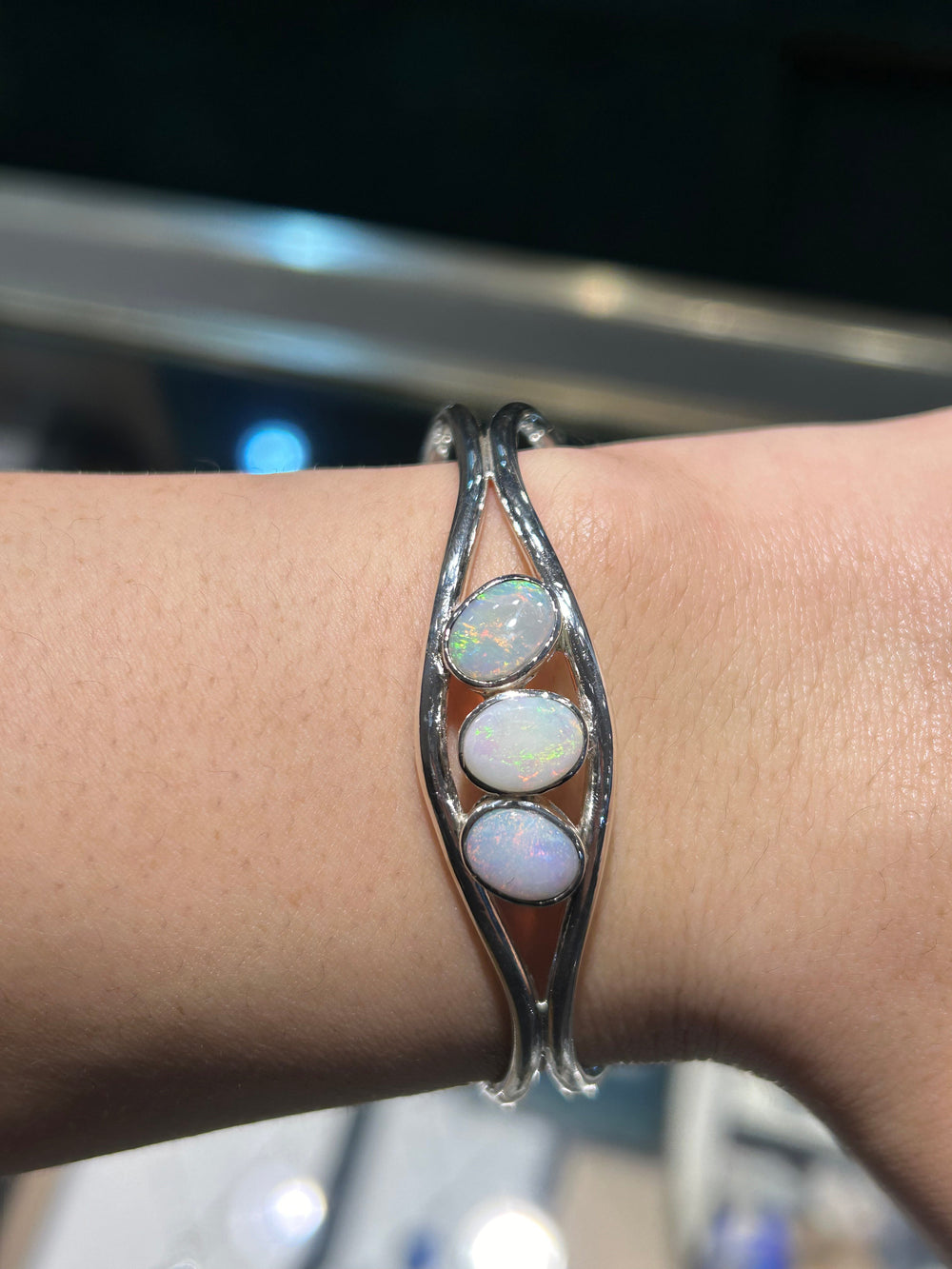 Australian Solid Opal Bangle in Sterling Silver Setting Bangle Australian Opal House 