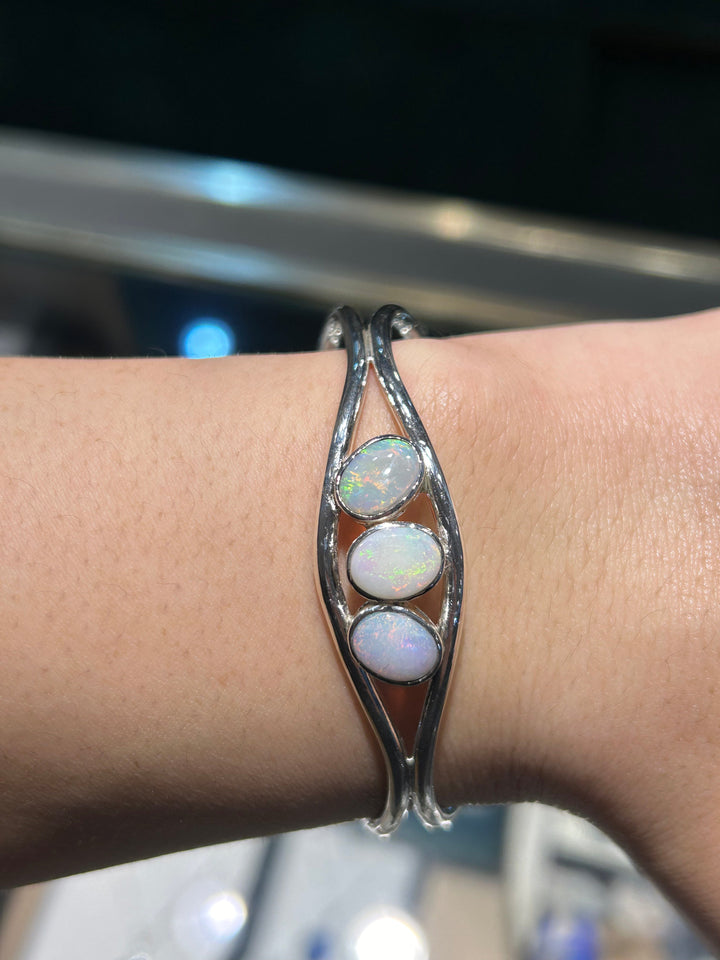 Australian Solid Opal Bangle in Sterling Silver Setting Bangle Australian Opal House 