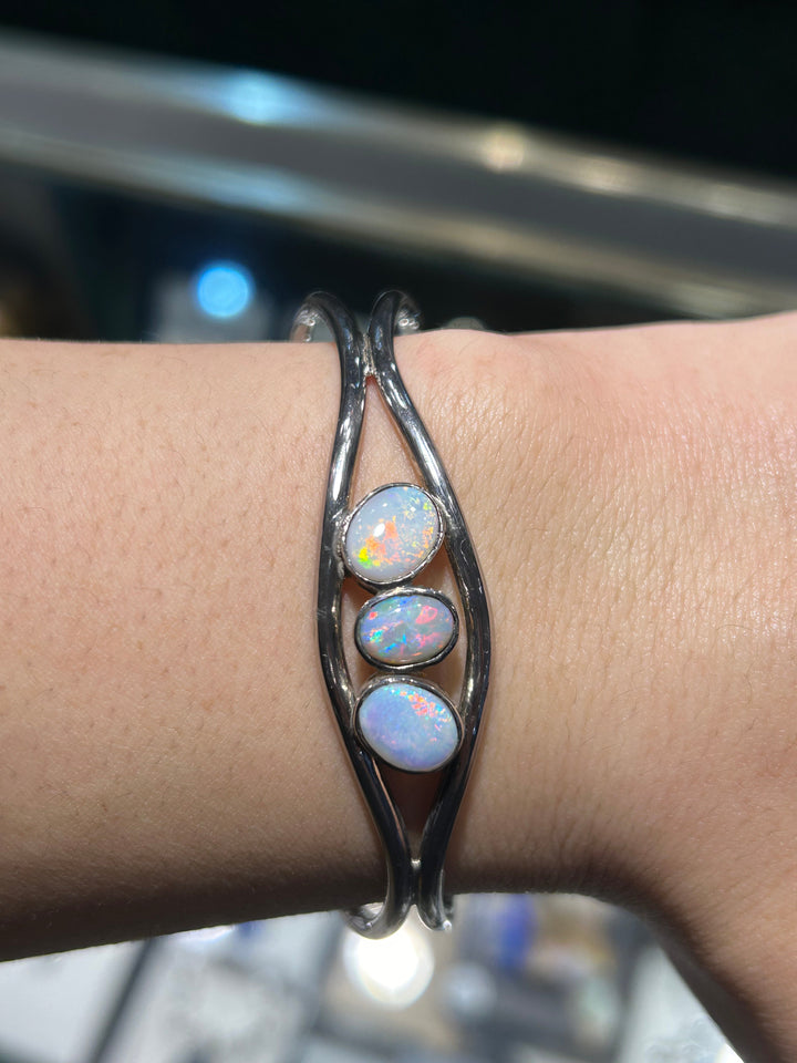 Australian Solid Opal Bangle in Sterling Silver Setting Bangle Australian Opal House 