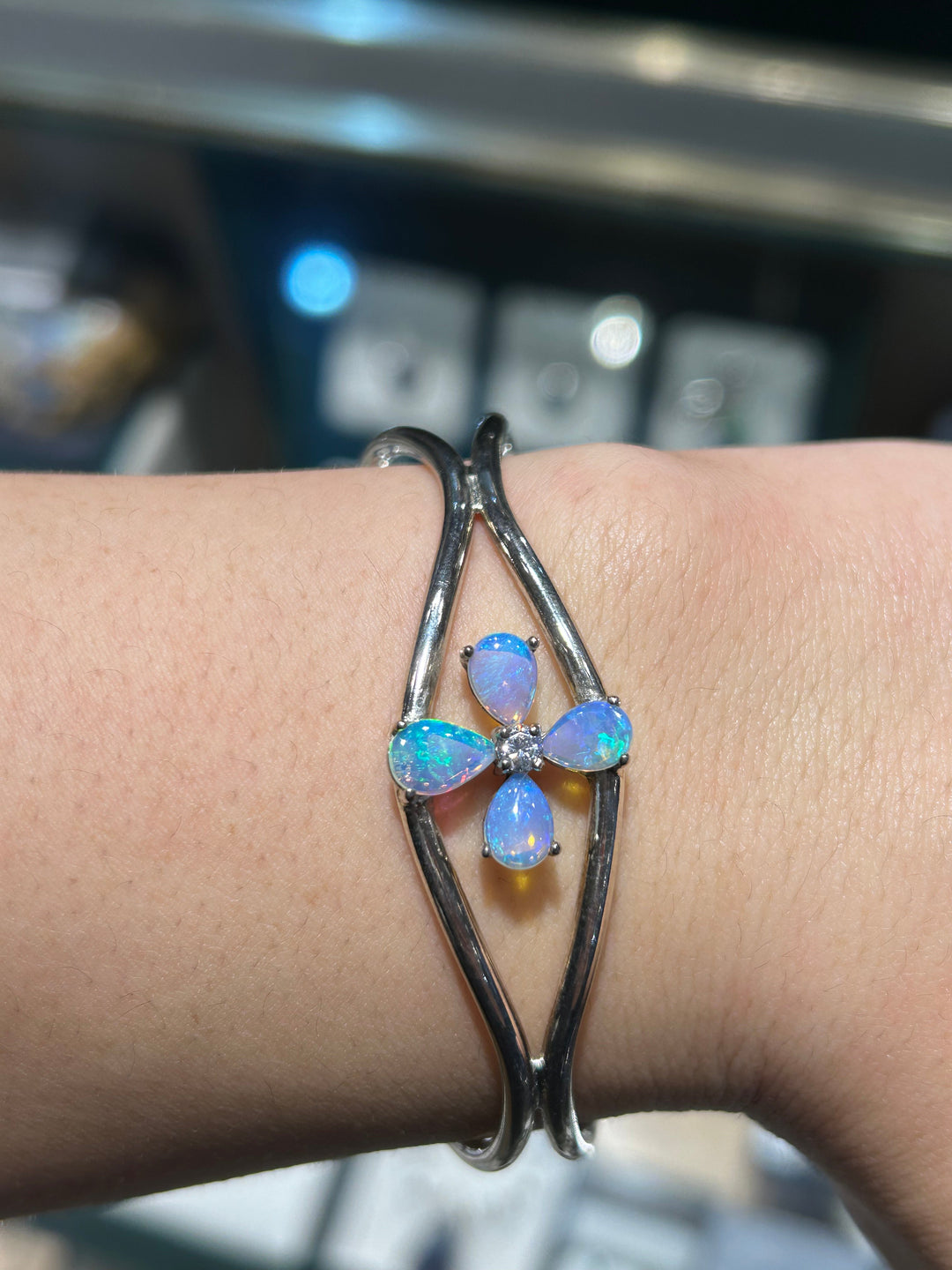 Australian Solid Opal Bangle in Sterling Silver Setting Bangle Australian Opal House 