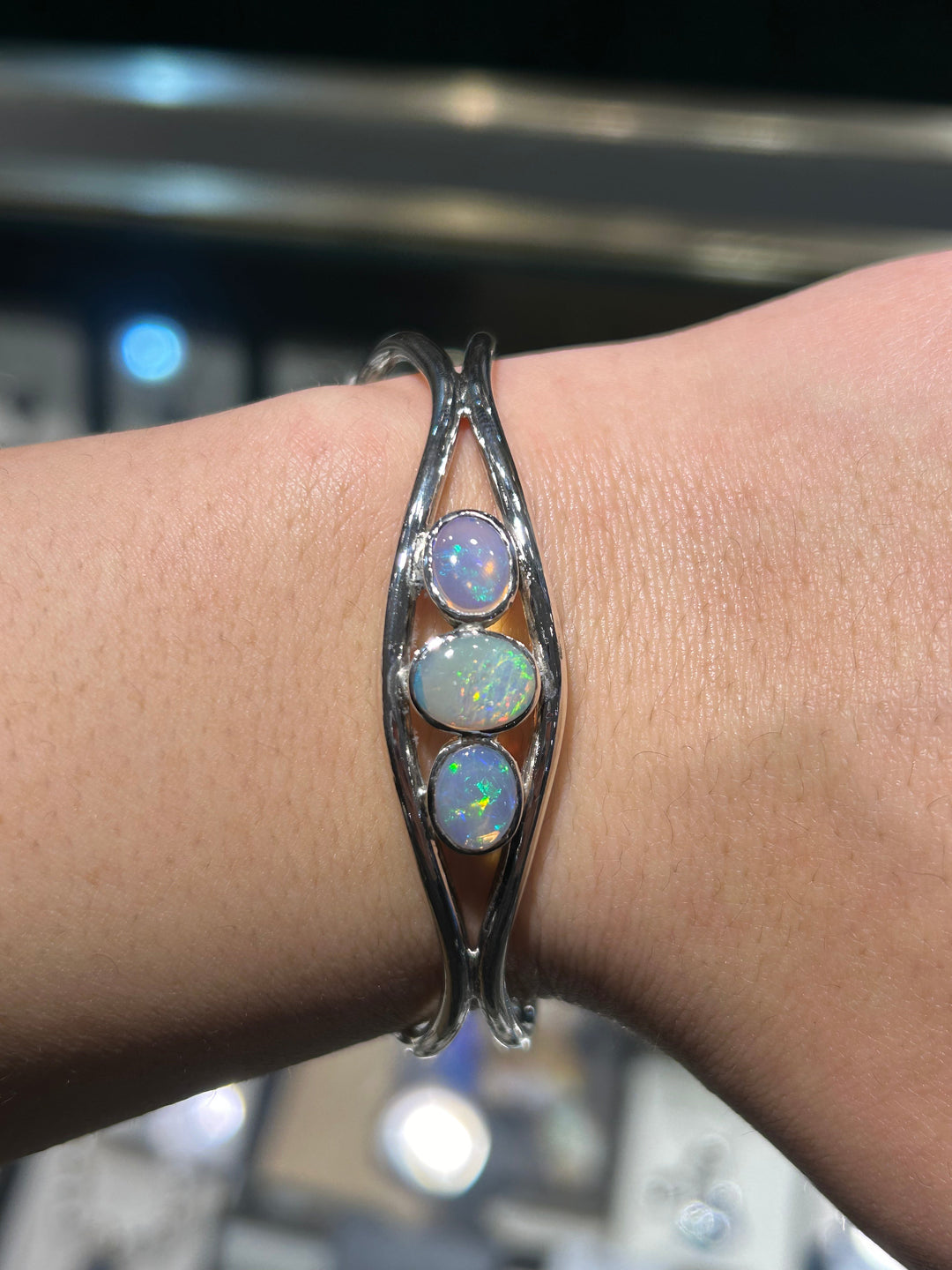 Australian Solid Opal Bangle in Sterling Silver Setting Bangle Australian Opal House 