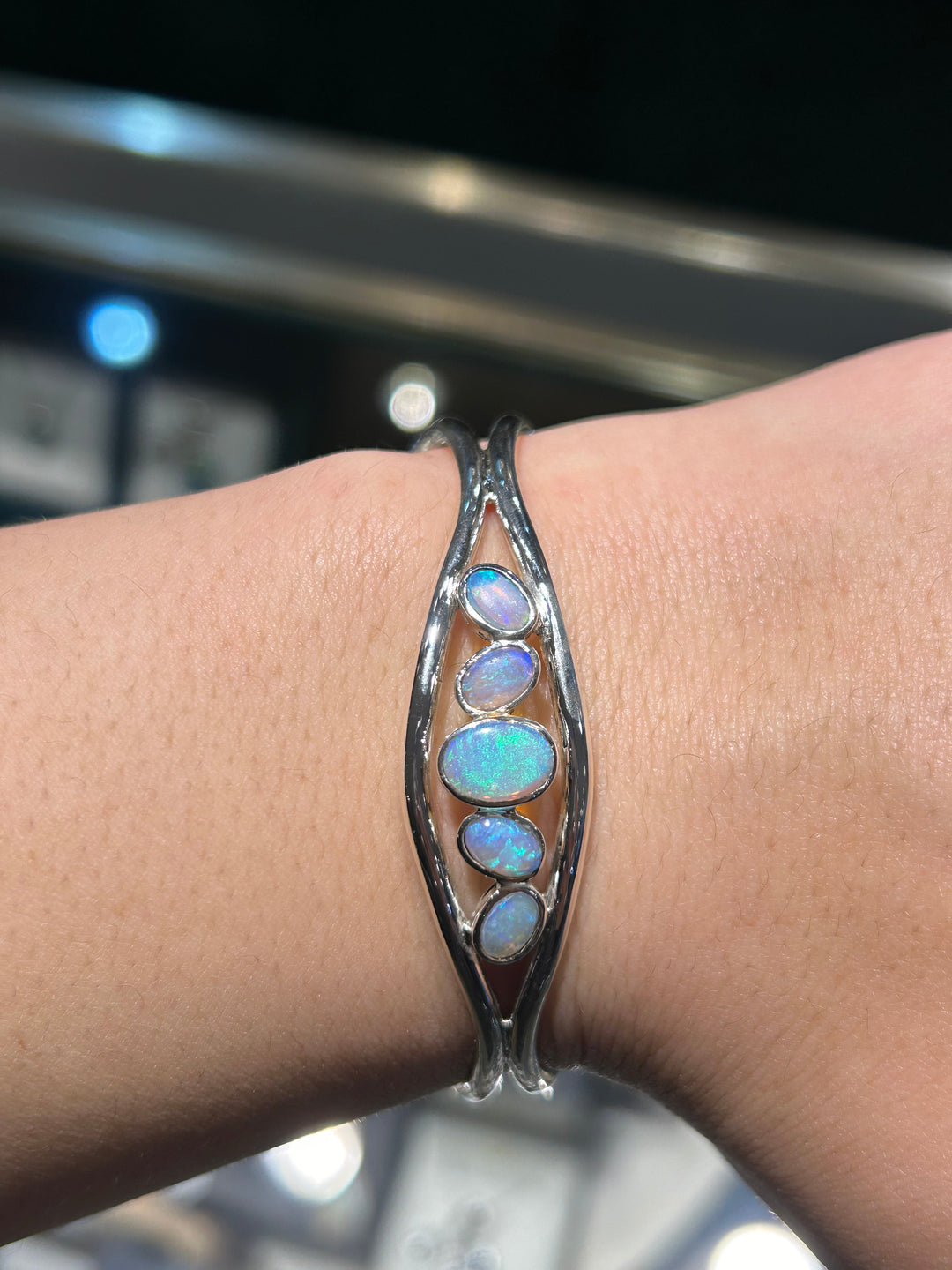 Australian Solid Opal Bangle in Sterling Silver Setting Bangle Australian Opal House 