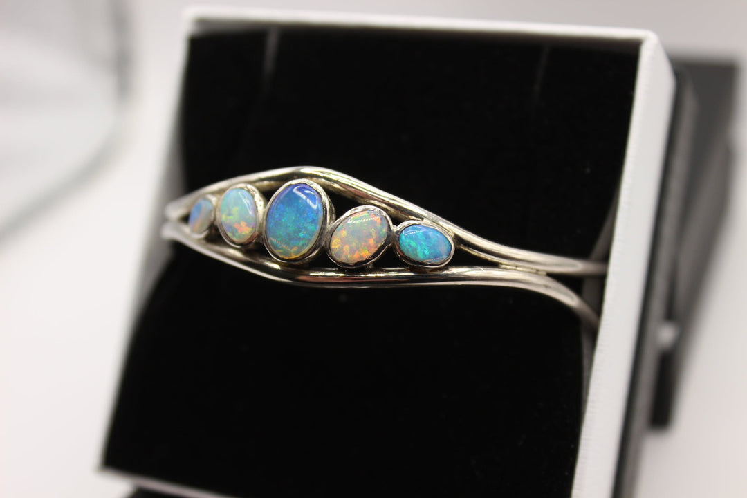 Australian Solid Opal Bangle in Sterling Silver Setting Bangle Australian Opal House 