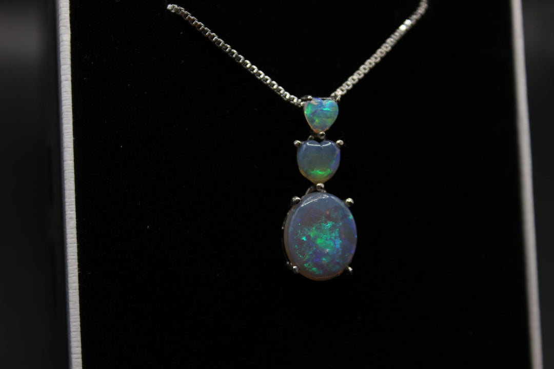 Australian Solid Opal Pendant Sterling Silver Setting - 3 of Hearts Pendant Australian Opal House 