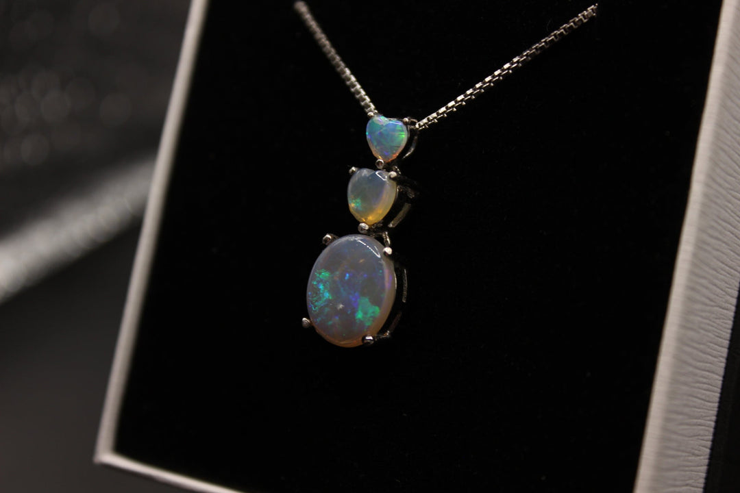 Australian Solid Opal Pendant Sterling Silver Setting - 3 of Hearts Pendant Australian Opal House 