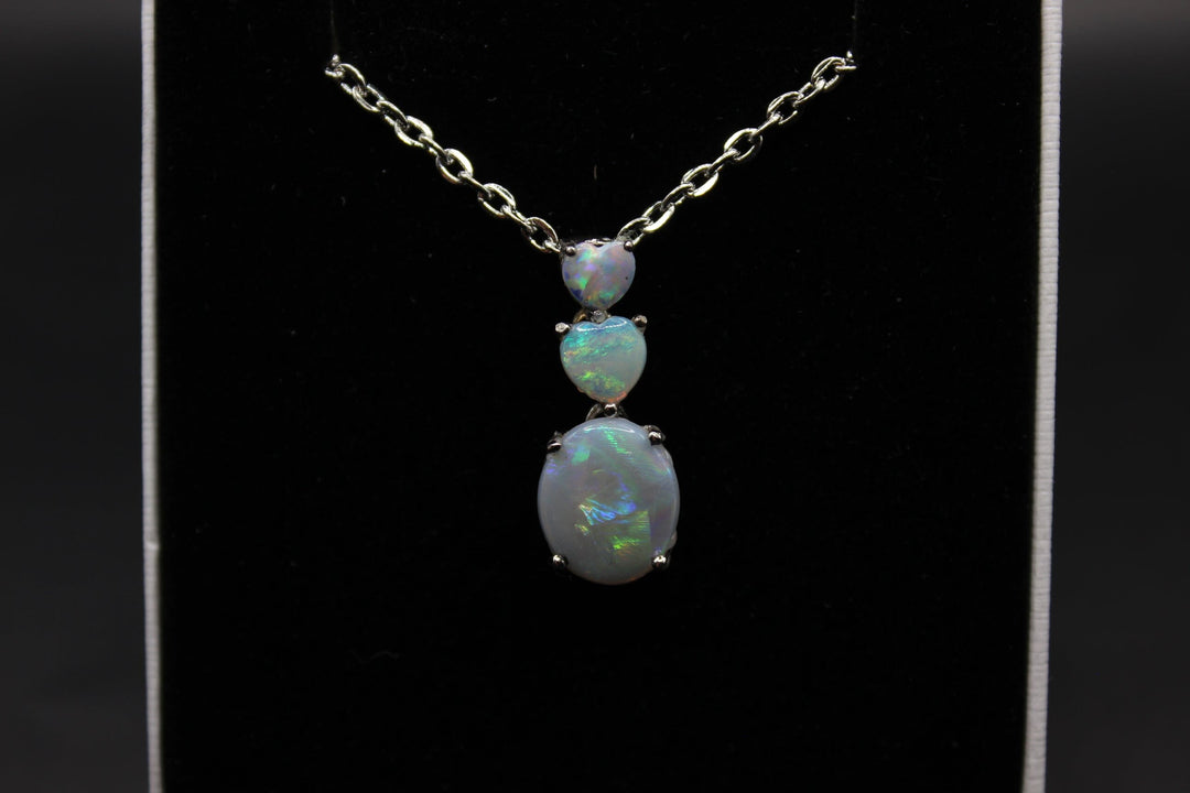 Australian Solid Opal Pendant Sterling Silver Setting - 3 of Hearts Pendant Australian Opal House White 