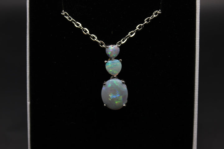 Australian Solid Opal Pendant Sterling Silver Setting - 3 of Hearts Pendant Australian Opal House White 