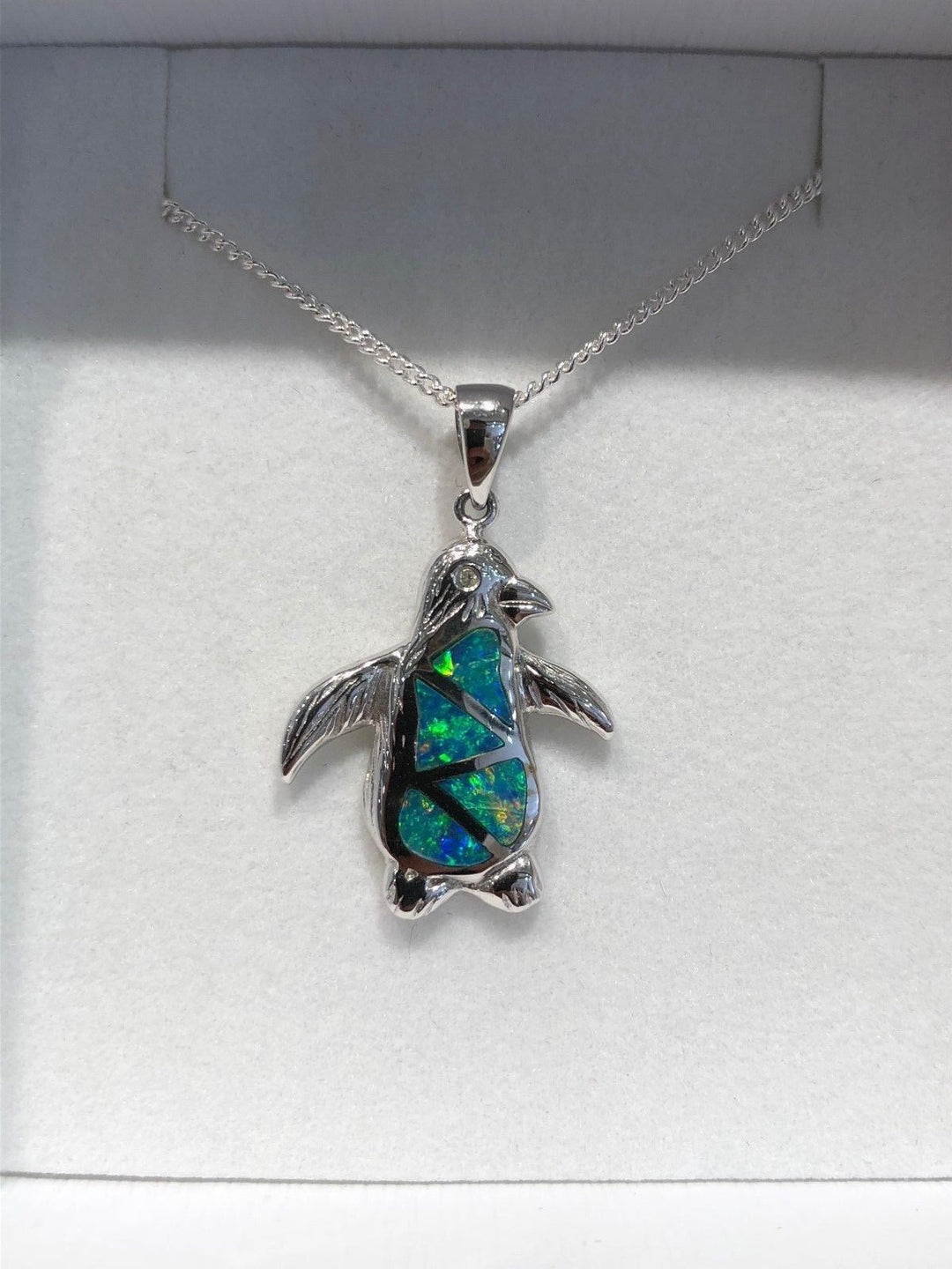 Australian Solid Inlaid Opal Pendant 18ct White Gold Penguin Setting Pendant Australian Opal House 