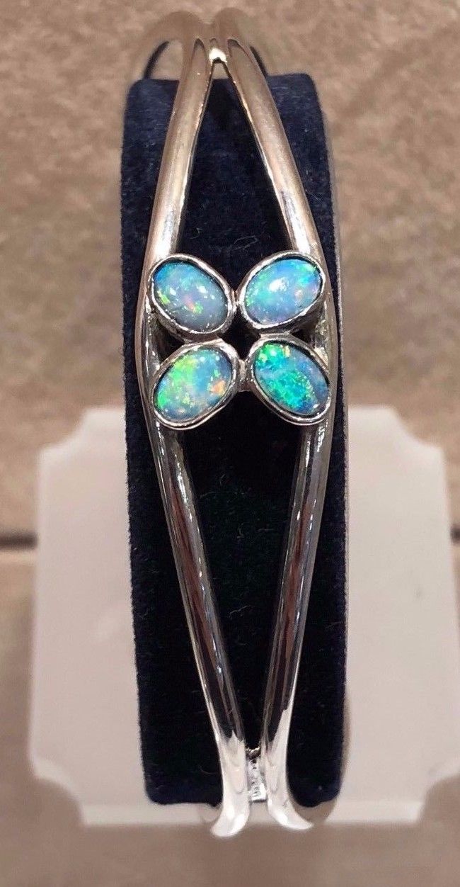 Australian Solid Crystal Opal Bangle Sterling Silver Setting - Adjustable Bangle Australian Opal House 