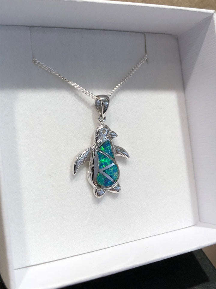 Australian Solid Inlaid Opal Pendant 18ct White Gold Penguin Setting Pendant Australian Opal House 