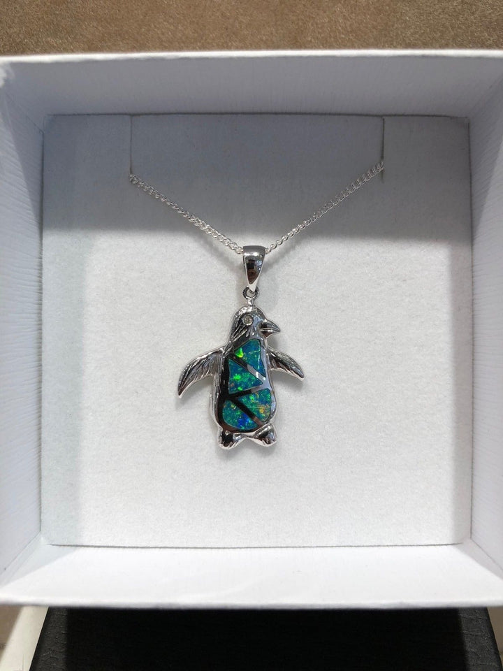 Australian Solid Inlaid Opal Pendant 18ct White Gold Penguin Setting Pendant Australian Opal House 