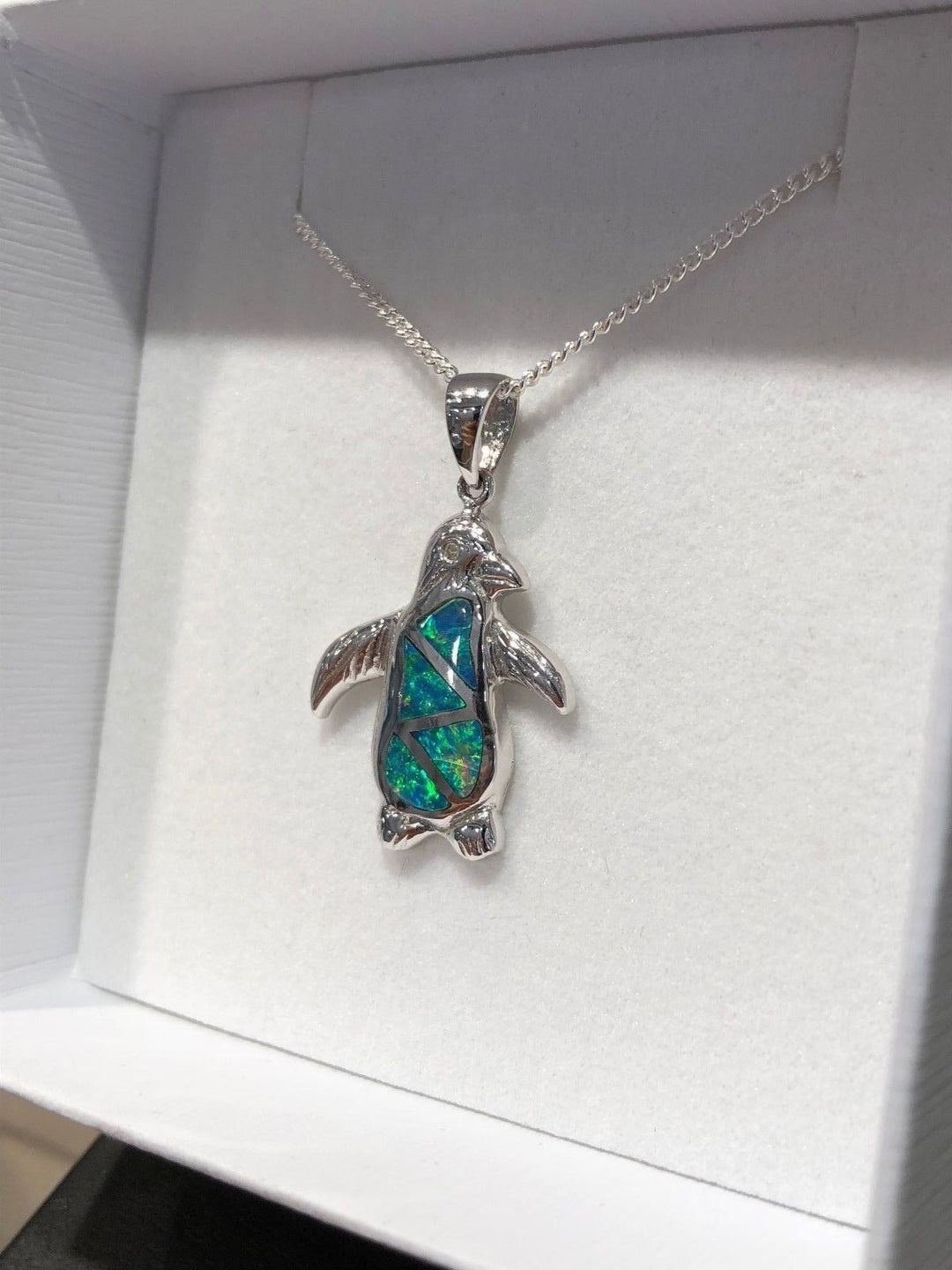 Australian Solid Inlaid Opal Pendant 18ct White Gold Penguin Setting Pendant Australian Opal House 