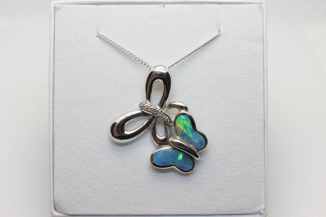 Australian Solid Inlaid Opal Pendant 14ct White Gold Setting Butterfly Pendant Australian Opal House 