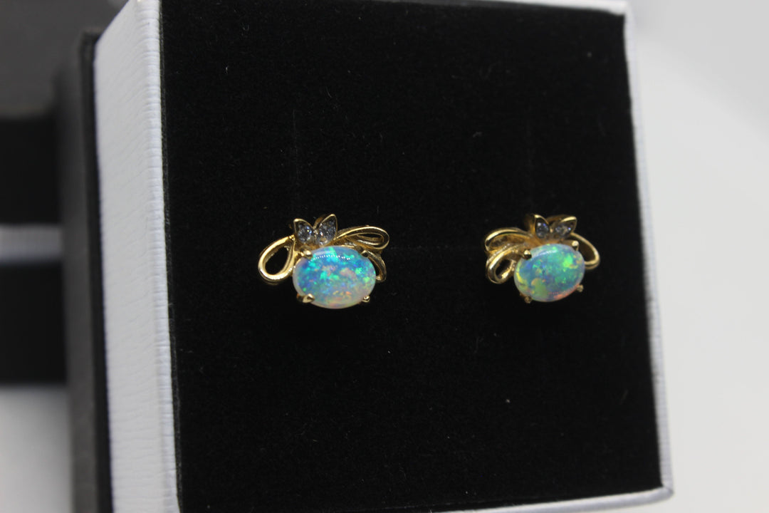 Australian Natural Solid Crystal Opal Earrings 14K Yellow Gold Earrings Australian Opal House 