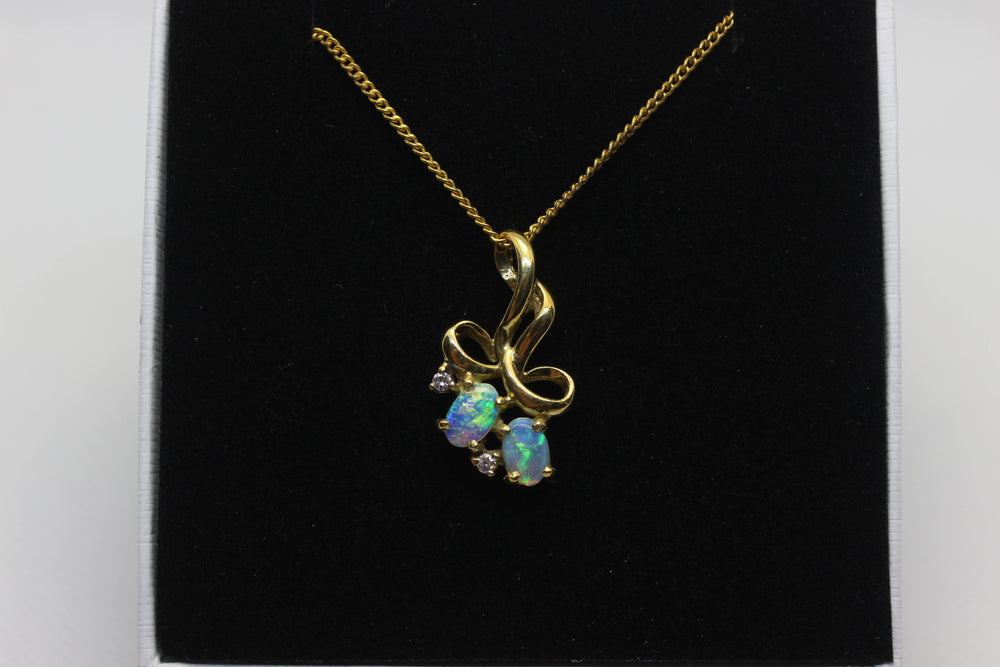 Australian Natural Crystal Opal Pendant in 18k Yellow Gold Setting with 2 Diamonds Pendant Australian Opal House 