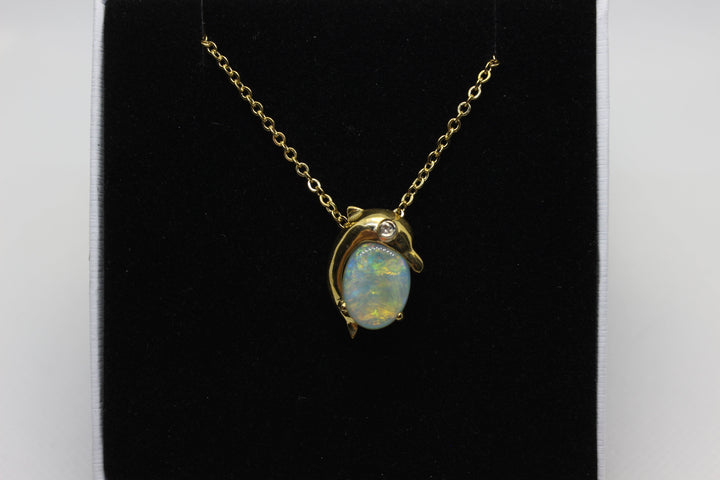 Australian Natural Fire Opal Pendant in 18k Yellow Gold Dolphin Setting with 1 Diamond Pendant Australian Opal House 