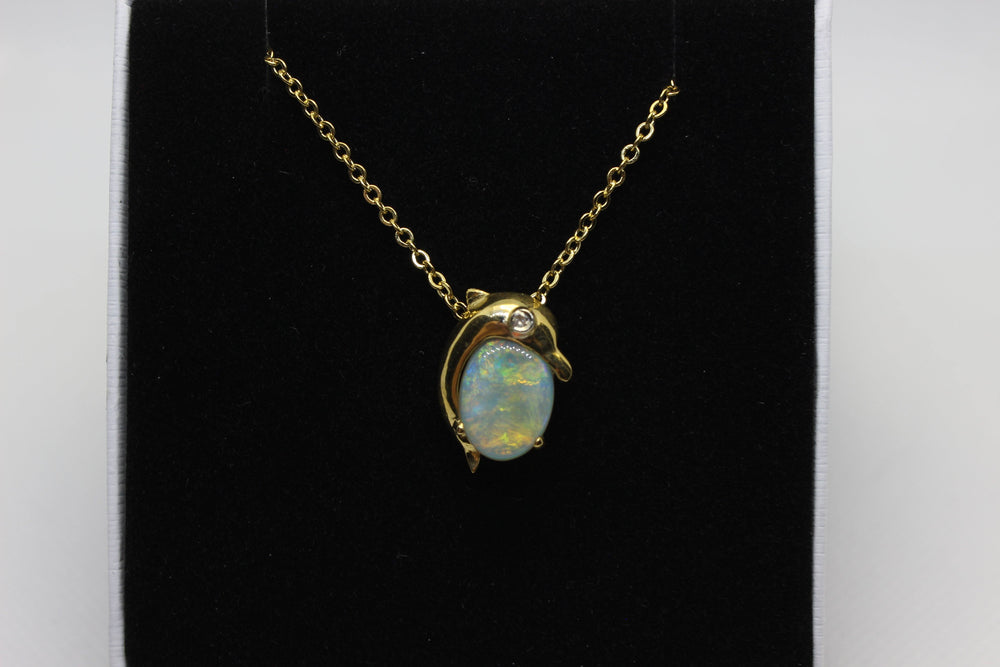 Australian Natural Fire Opal Pendant in 18k Yellow Gold Dolphin Setting with 1 Diamond Pendant Australian Opal House 