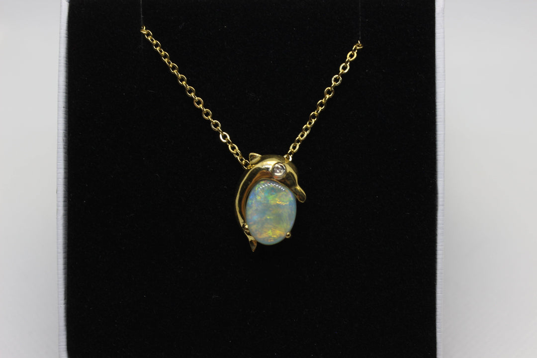 Australian Natural Fire Opal Pendant in 18k Yellow Gold Dolphin Setting with 1 Diamond Pendant Australian Opal House 