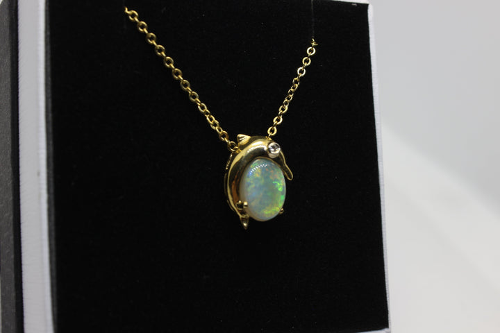 Australian Natural Fire Opal Pendant in 18k Yellow Gold Dolphin Setting with 1 Diamond Pendant Australian Opal House 