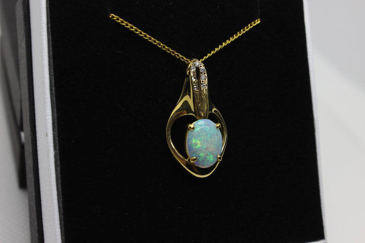 Australian Natural Crystal Opal Pendant in 18k Yellow Gold Setting with Diamonds Pendant Australian Opal House 