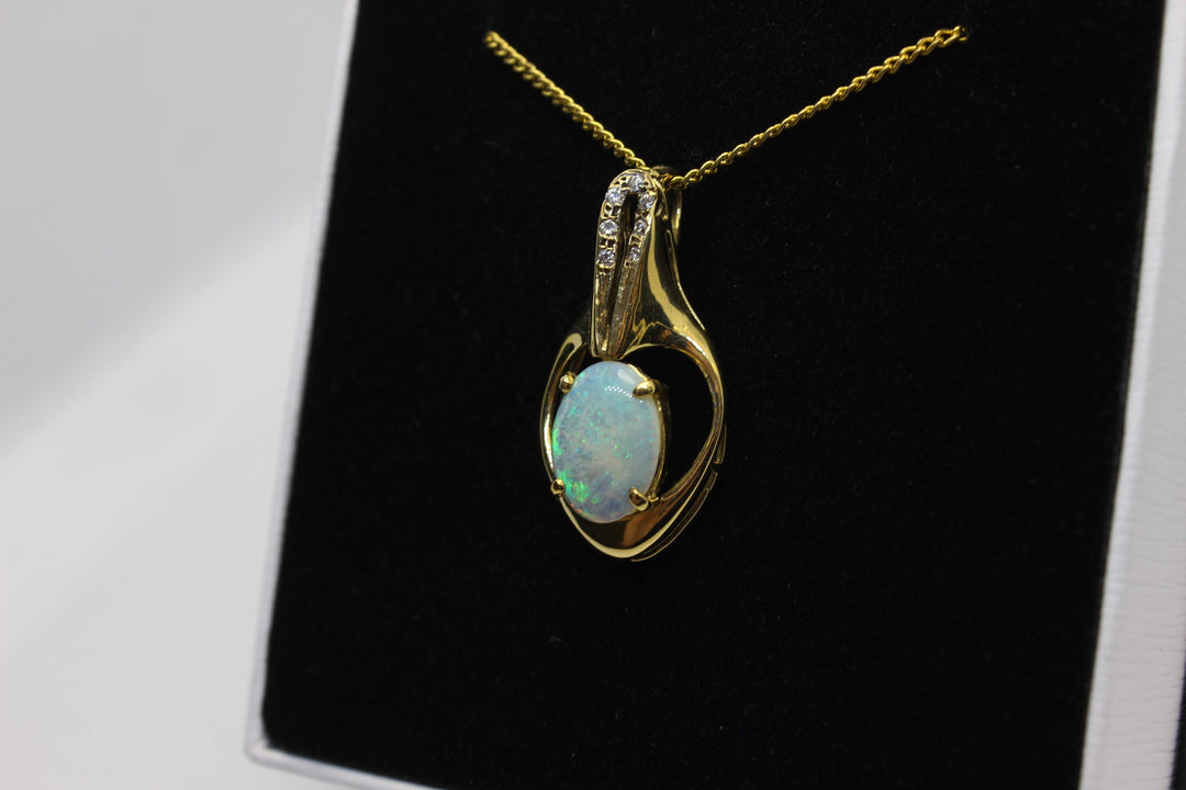 Australian Natural Crystal Opal Pendant in 18k Yellow Gold Setting with Diamonds Pendant Australian Opal House 