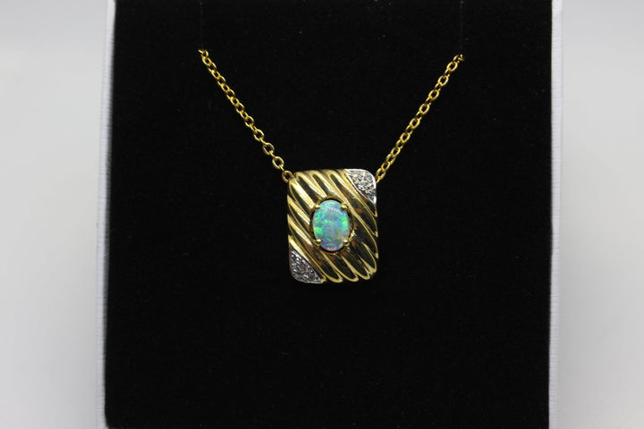 Australian Natural Solid Crystal Opal Pendant in 18k Yellow Gold Setting with Diamonds Pendant Australian Opal House 