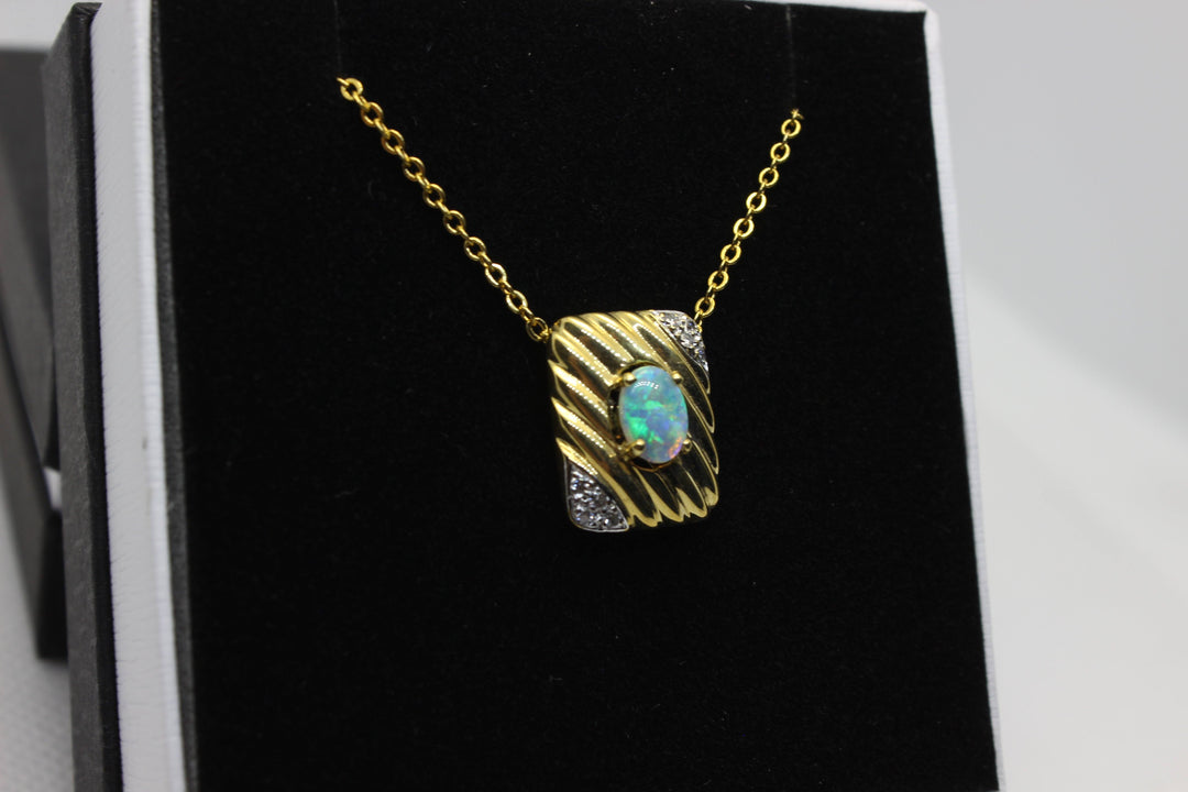 Australian Natural Solid Crystal Opal Pendant in 18k Yellow Gold Setting with Diamonds Pendant Australian Opal House 