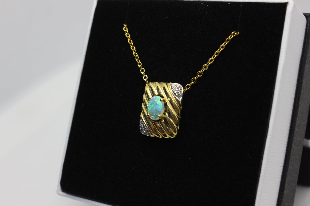 Australian Natural Solid Crystal Opal Pendant in 18k Yellow Gold Setting with Diamonds Pendant Australian Opal House 