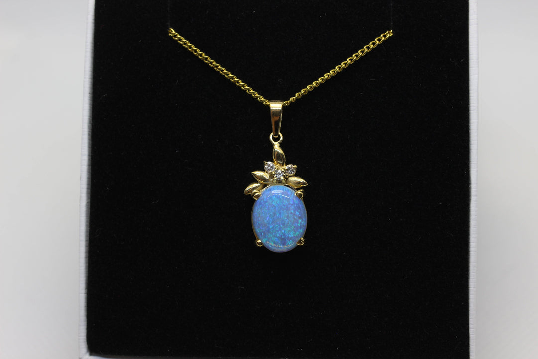 Australian Natural Solid Crystal Opal Pendant in 18k Yellow Gold Setting with 3 Diamonds Pendant Australian Opal House 