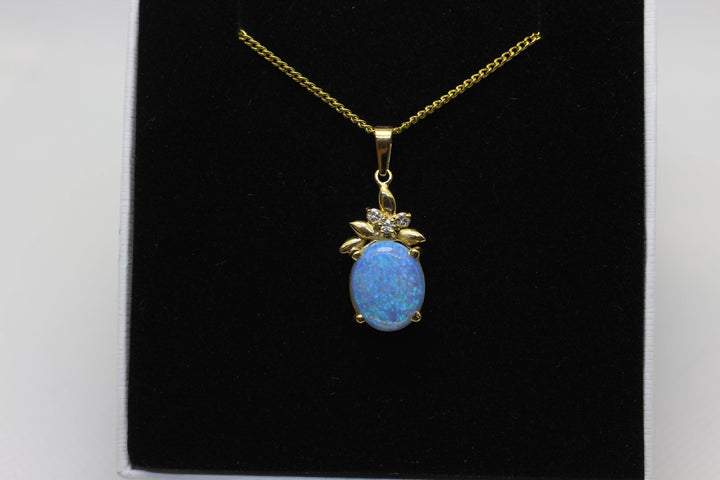 Australian Natural Solid Crystal Opal Pendant in 18k Yellow Gold Setting with 3 Diamonds Pendant Australian Opal House 