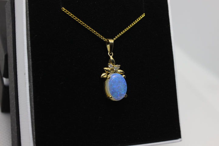 Australian Natural Solid Crystal Opal Pendant in 18k Yellow Gold Setting with 3 Diamonds Pendant Australian Opal House 