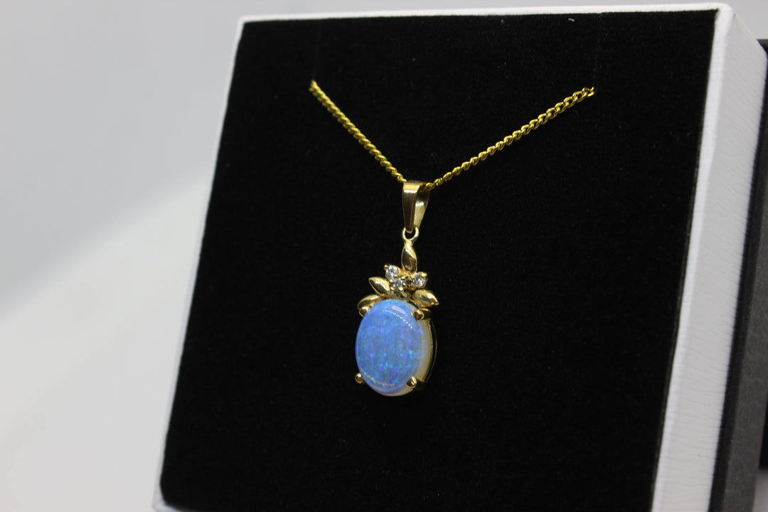 Australian Natural Solid Crystal Opal Pendant in 18k Yellow Gold Setting with 3 Diamonds Pendant Australian Opal House 