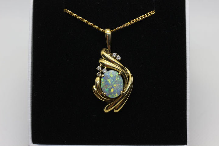 Australian Natural Solid Crystal Opal Pendant in 18k Yellow Gold Setting with Diamonds Pendant Australian Opal House 