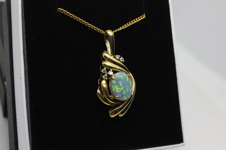 Australian Natural Solid Crystal Opal Pendant in 18k Yellow Gold Setting with Diamonds Pendant Australian Opal House 