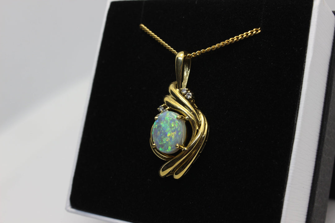 Australian Natural Solid Crystal Opal Pendant in 18k Yellow Gold Setting with Diamonds Pendant Australian Opal House 