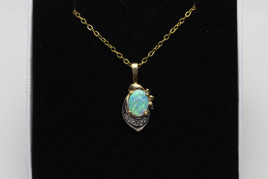 Australian Natural Solid Opal Pendant in 14k Yellow Gold Setting with Diamond Pendant Australian Opal House 