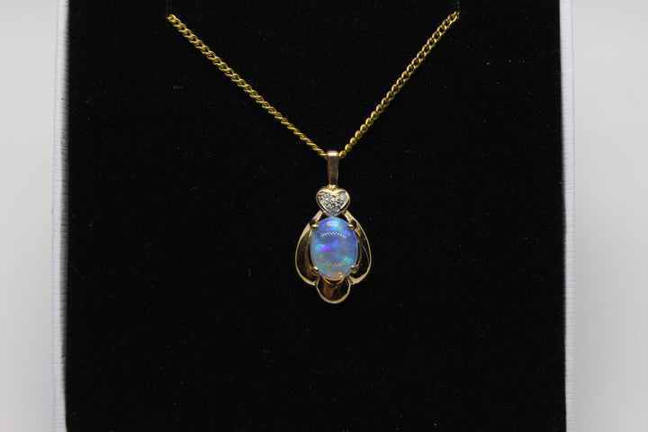 Australian Natural Solid Crystal Opal Pendant in 14k Yellow Gold Setting with Diamond Pendant Australian Opal House 