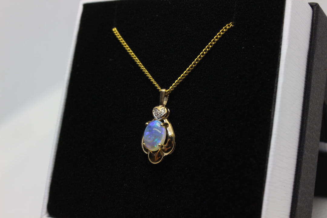 Australian Natural Solid Crystal Opal Pendant in 14k Yellow Gold Setting with Diamond Pendant Australian Opal House 