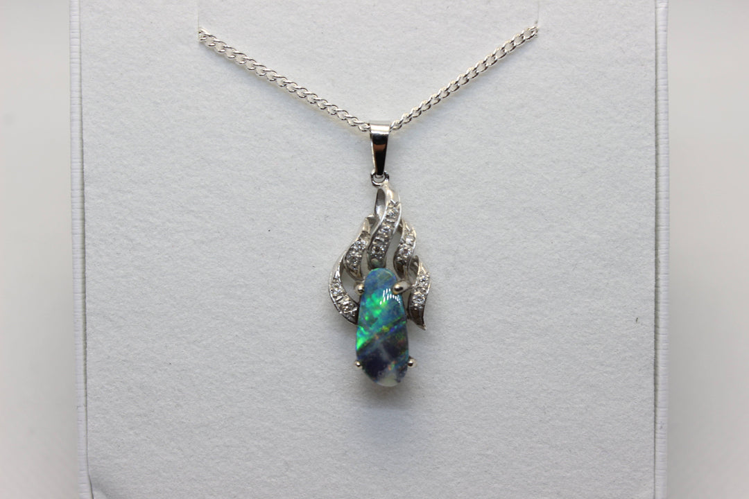 Australian Natural Black Opal Pendant in 18k White Gold Setting Pendant Australian Opal House 