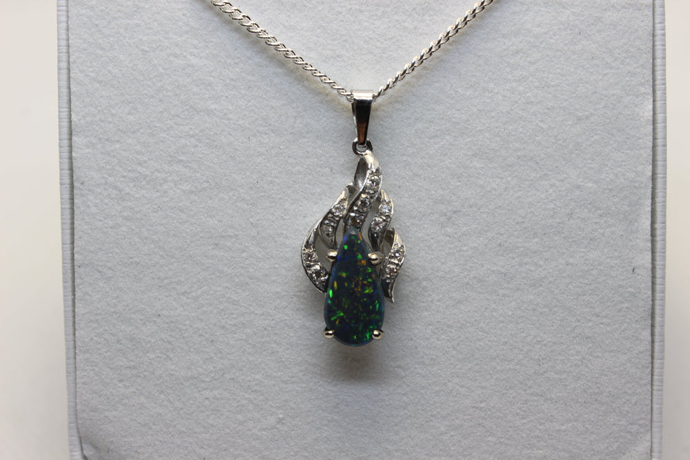 Australian Natural Black Opal Pendant in 18k White Gold Setting Pendant Australian Opal House 