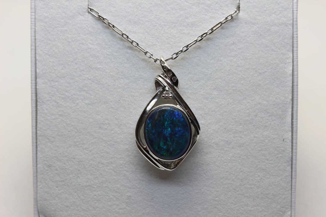 Australian Natural Black Opal Pendant in 18k White Gold Setting Pendant Australian Opal House 