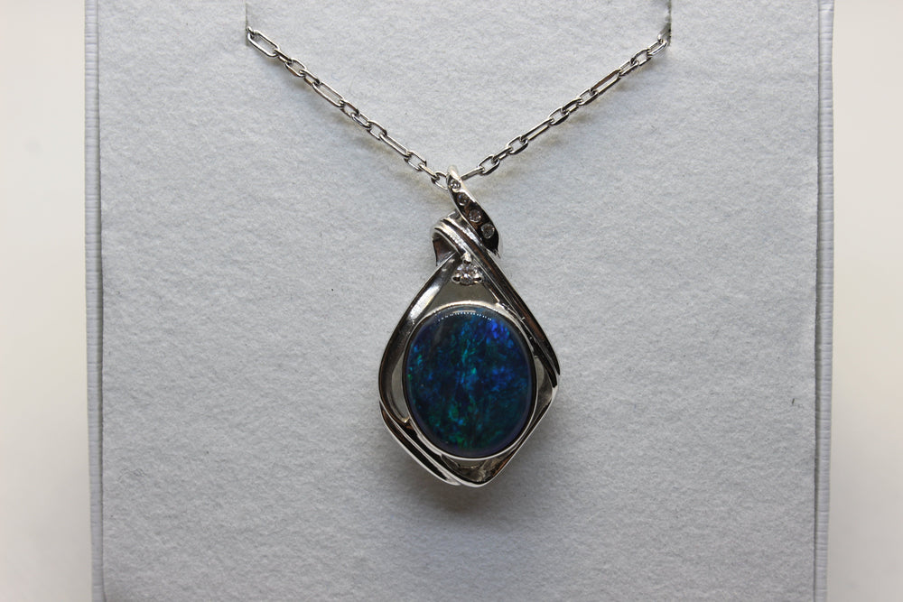 Australian Natural Black Opal Pendant in 18k White Gold Setting Pendant Australian Opal House 