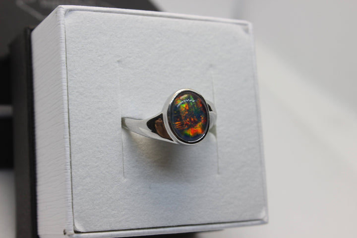 Australian Triplet Opal Ring in Sterling Silver Setting 8x10mm Curl Band Rings Australian Opal House 