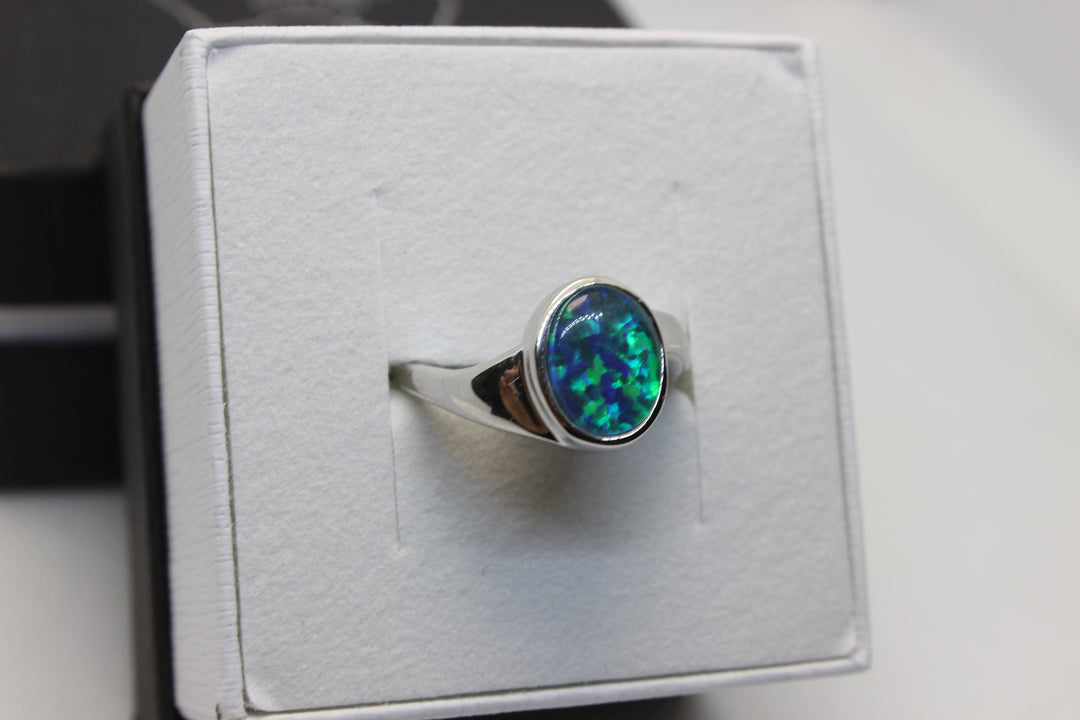 Australian Triplet Opal Ring in Sterling Silver Setting 8x10mm Curl Band Rings Australian Opal House 