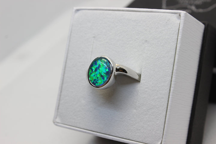 Australian Triplet Opal Ring in Sterling Silver Setting 8x10mm Curl Band Rings Australian Opal House 