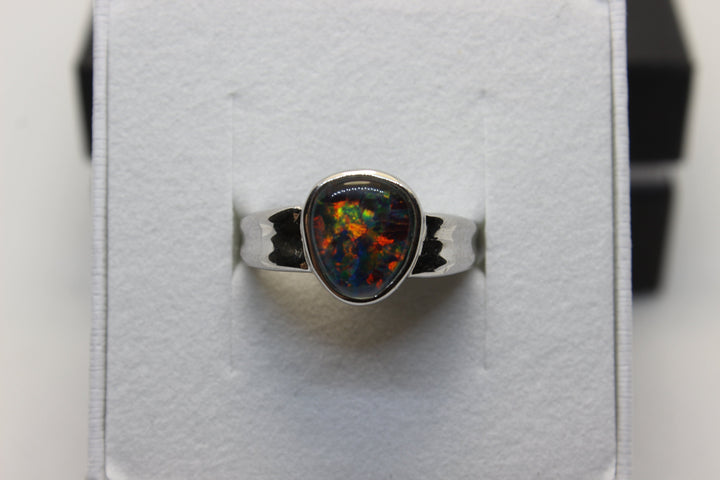 Australian Triplet Opal Ring in Sterling Silver Setting 8x10mm Dent Band Rings Australian Opal House 