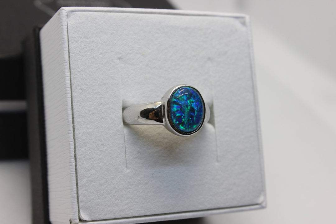 Australian Triplet Opal Ring in Sterling Silver Setting 8x10mm Solid Band Rings Australian Opal House 