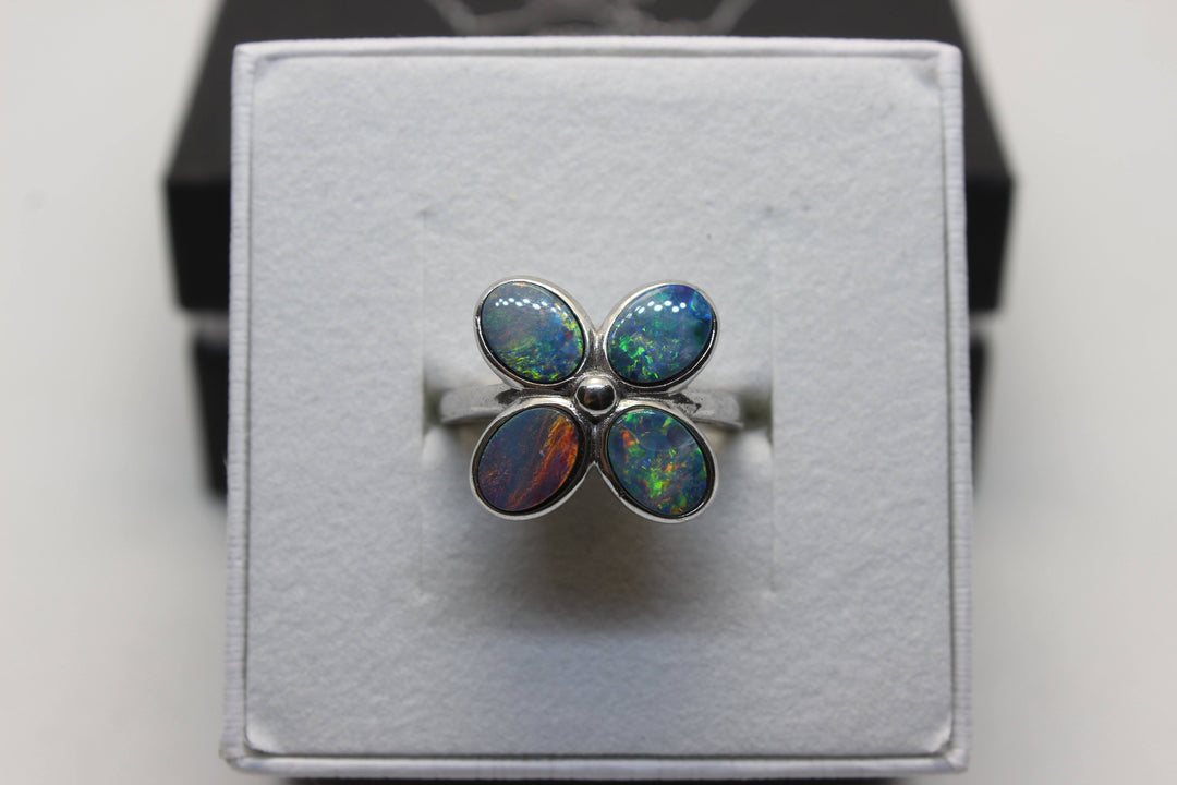 Australian Triplet Opal Flower Ring in Sterling Silver Setting Size L Rings Australian Opal House 